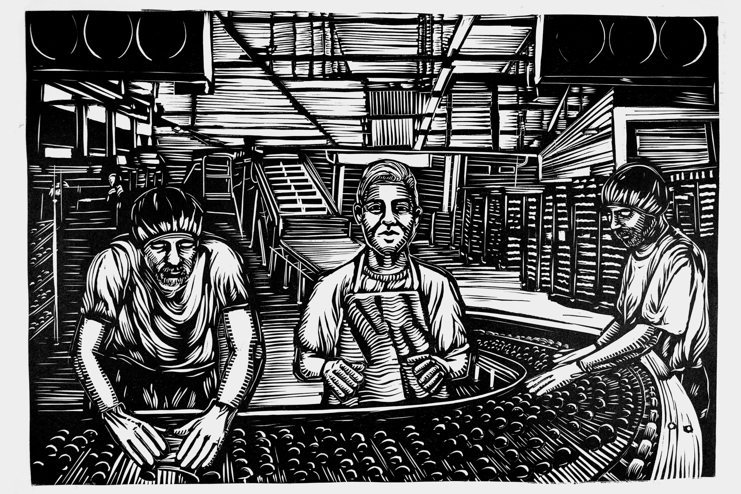 A black and white woodprint of workers on an assembly line.