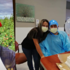 Two photographs are adjacent, the left one of a man wearing a red hat, the right a man and woman with a birthday cake.