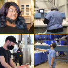 Screenshot of four people in face masks, one giving an interview, the other three working and operating machinery.