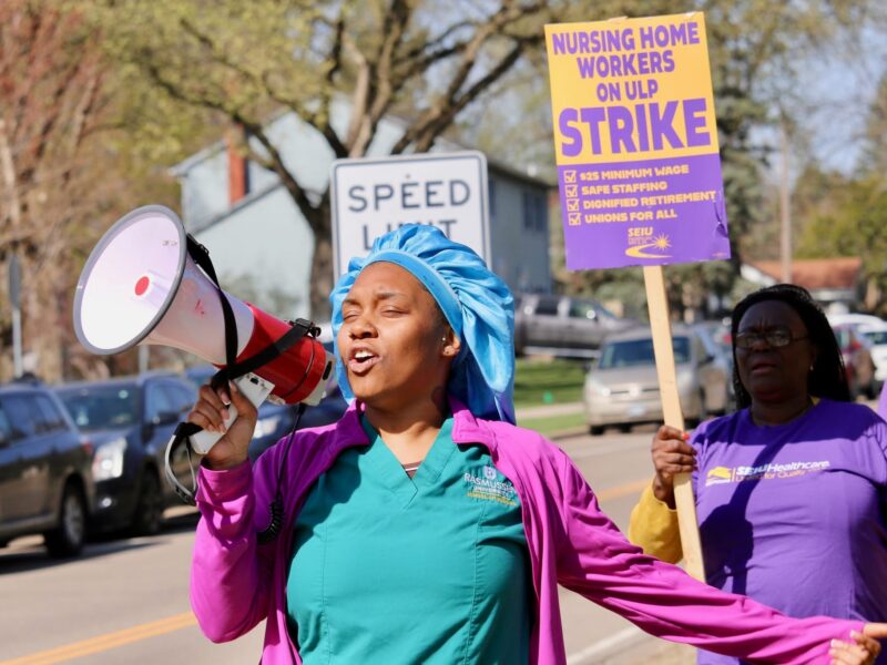 A nursing home worker with SEIU Healthcare MN & IA on a picket line in April.